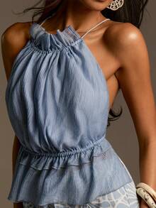 Athîral 女士休闲沙滩度假蓝色抽绳荷叶边露背交叉吊带露背上衣，蓝色上衣，夏季上衣，假日上衣，春季女装，女士沙滩度假装 - 淺藍色 - 查看 1