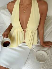 CovetEZ Women's Casual Cream Yellow Backless Asymmetrical Hem Fitted Halter Neck Camisole, Suitable For Vacation, Summer - Multicolor - View 3