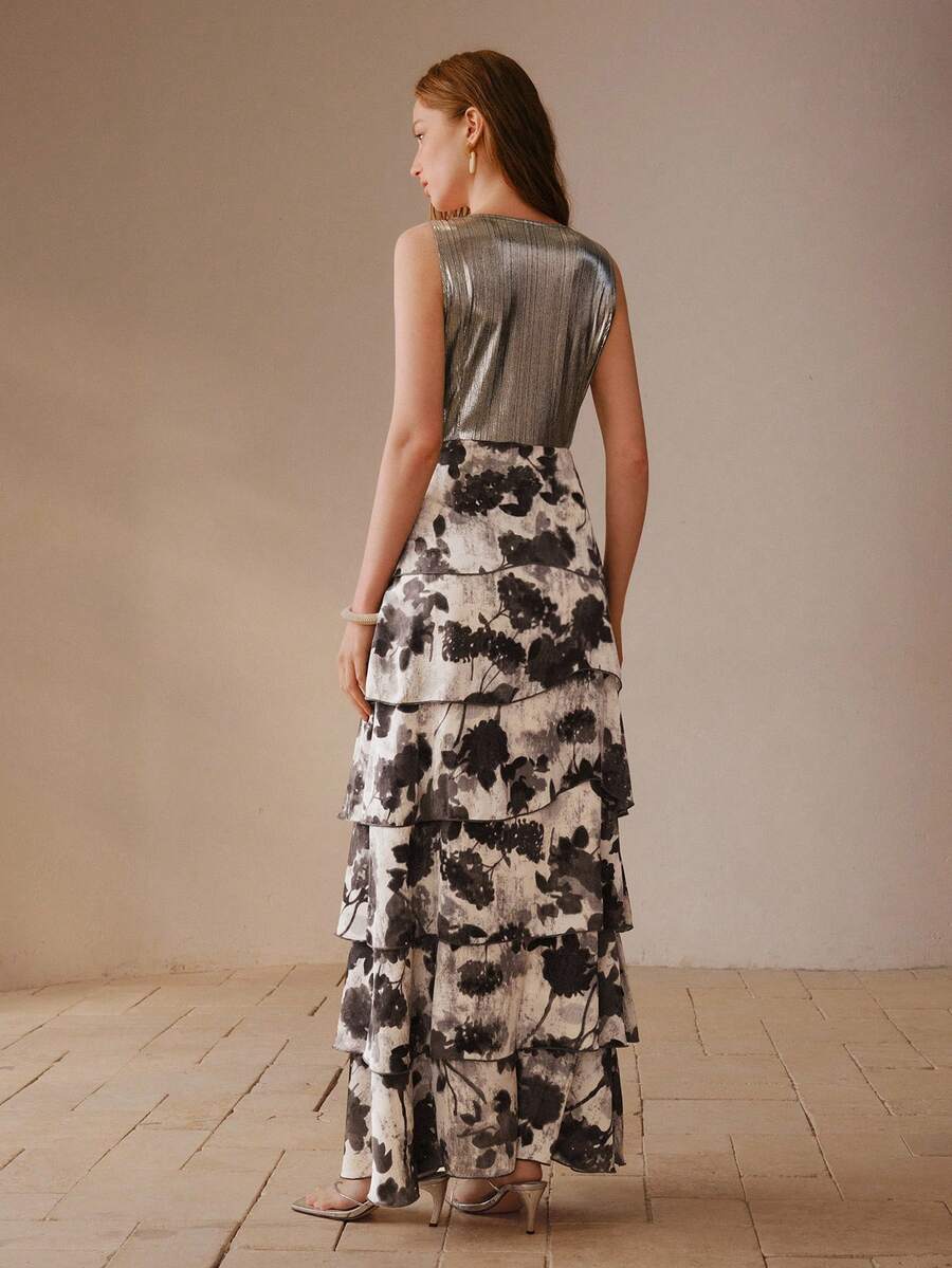 MOTF PREMIUM V领水墨花卉印花水钻装饰连衣裙 - 灰色 - 查看 2