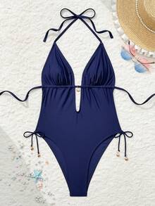 Swim Basics 夏季时尚纯色金色装饰连体泳衣，海滩度假热门之选 - 藍色 - 查看 4