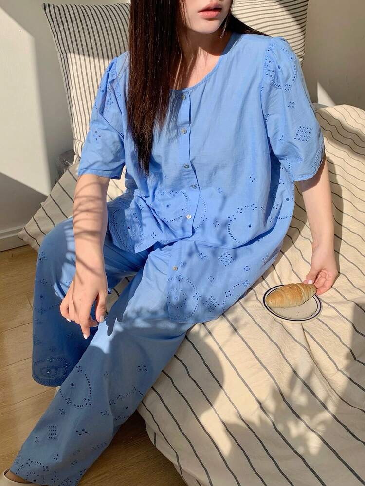 Dazy Plus Plus Size Solid Color Hollow Embroidery Front Button Short Sleeve Top And Long Pants Pajama Set - Royal Blue - View 10