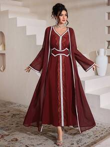 Al Najma Set de 2 piezas de cárdigan con cintura ajustada, decoración de encaje y ribete de contraste para mujer, moda, primavera/otoño - Burdeos - Ver 5