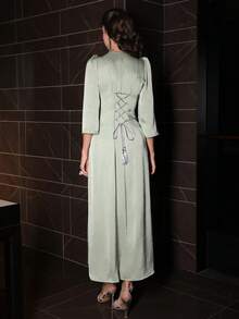 Layrah Handmade Rhinestone Beaded Square Neck Puff Sleeve Arabic Style Dress - Green - View 6