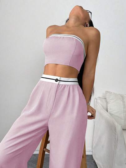 Almamuse Women's Contrast Trim Bandeau Top And Pleated Long Pants Casual 2 Pieces Set Summer 2 Piece Sets Woman Tube Top Set Women Vacation Outfit Sets Women 2 Piece Outfit Women Casual Outfit Sets Womens Summer Co-Ord Women Summer Outfits 2 Piece