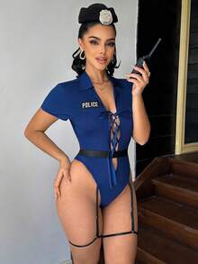 2pcs Fantasy Costume/Sexy Jumpsuit With Belt - Navy Blue - View 4