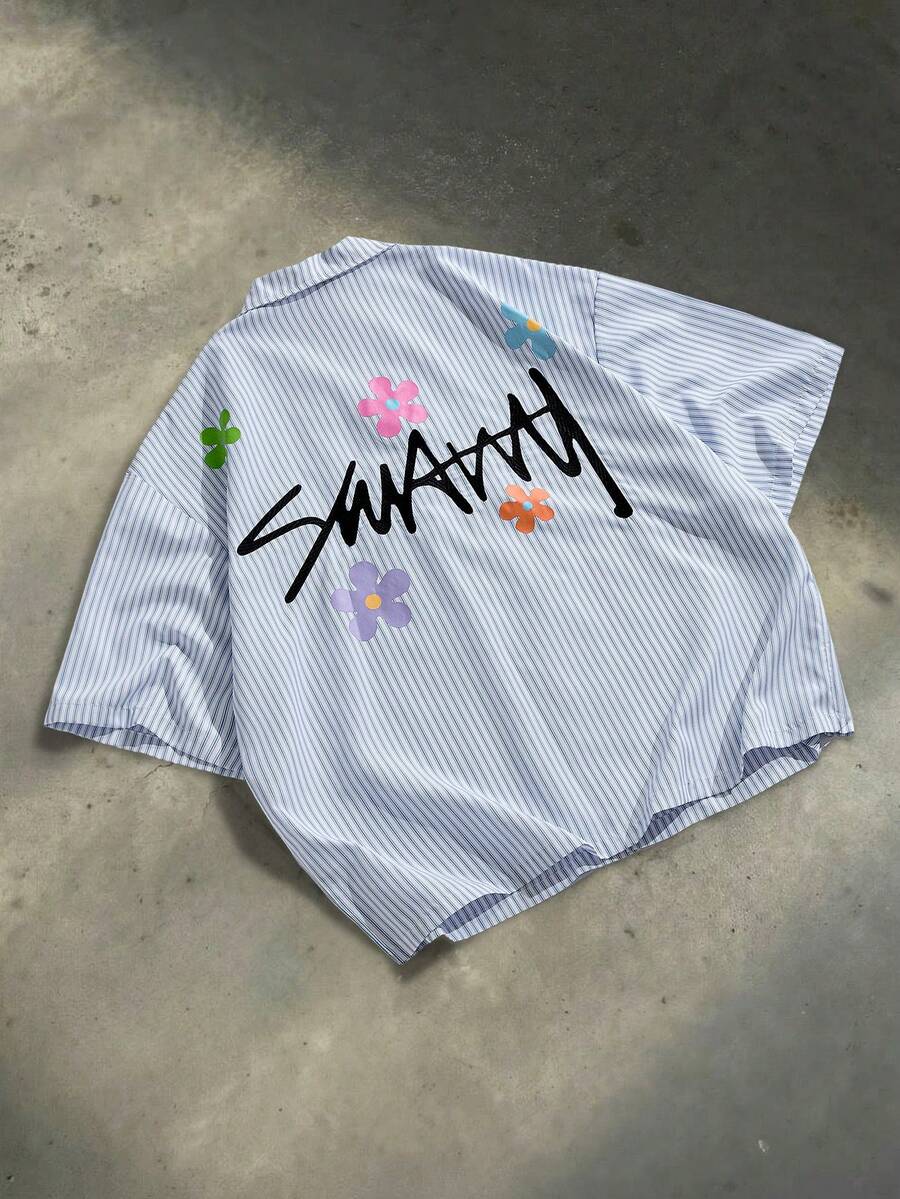SWAVVY Camisa de manga corta casual de hombre con estampado de rayas, letras y flores, para verano - Azul - Ver 1