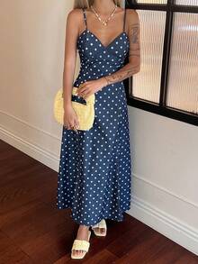 DAZY Women's Polka Dot Strap Dress, Elegant Denim Dress For Summer - Dark Wash - View 2