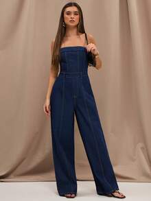 SHEIN BAE Women's Loose Fit Strapless Wide Leg Casual Denim Jumpsuit,Commuting Jumpsuits, Summer Denim Jumpsuits, Work Denim Jumpsuits, Casual Jumpsuits,Casual Outfit For Women,Raw Denim Jumpsuit,Summer Outfits For Women,Spring Clothes Women ,Elegant Jumpsuit For Women,Holiday Outfits For Women - Dark Wash - View 8