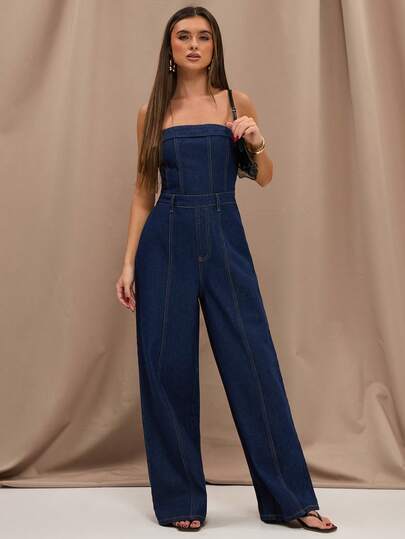 SHEIN BAE Women's Loose Fit Strapless Wide Leg Casual Denim Jumpsuit