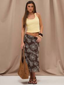 SHEIN BAE Women's Brown Embroidered Low Waist Skirt, Suitable For Beach Holidays And Daily Outings, Spring/Summer - Brown - View 3