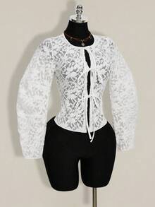 SHEIN ICON Women's Fashionable Lace See-Through Front Tie Blouse, Summer - White - View 5