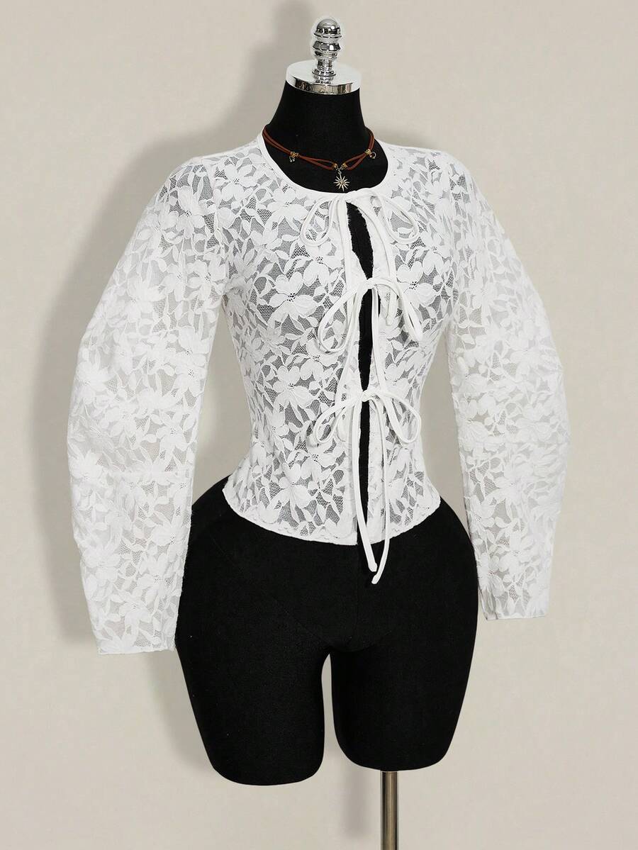 SHEIN ICON 女士时尚蕾丝透视系带衬衫，夏季 - 白色 - 查看 1