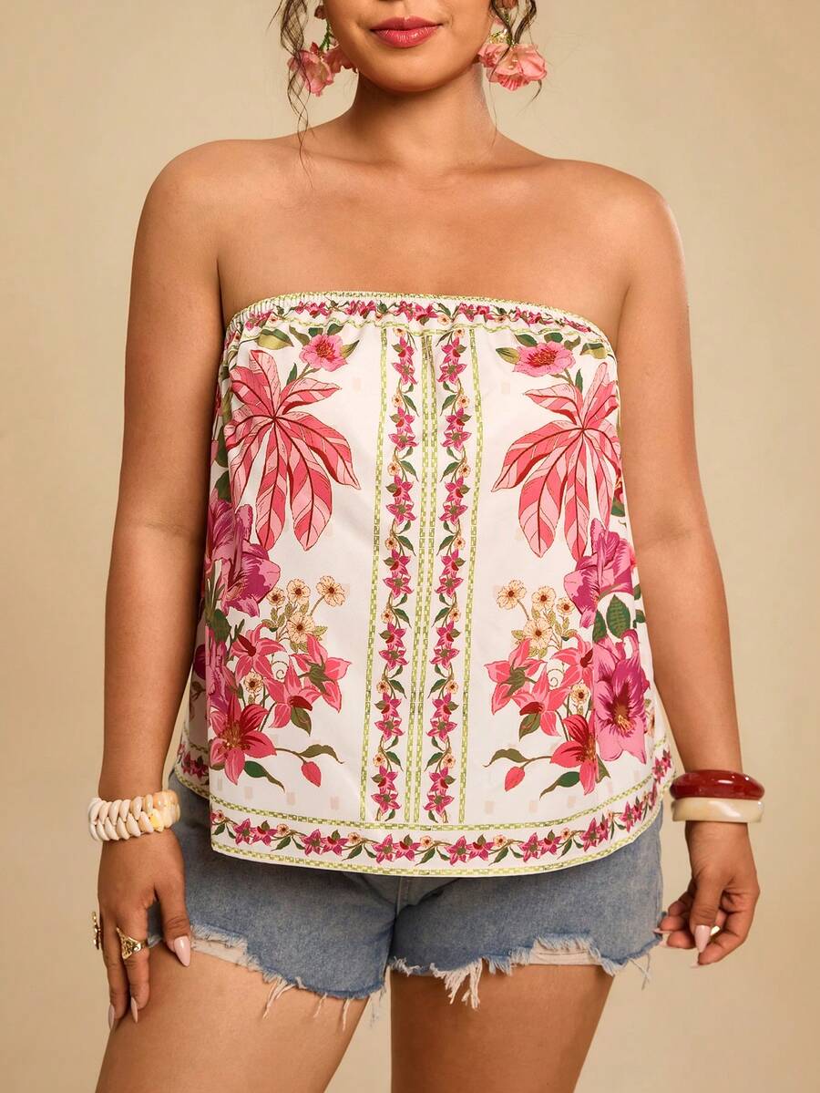 Travachic Plus Summer Vacation Floral Print Tube Top - Multicolor - View 1