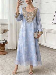 Al Najma Women's Elegant Round Neck Long Sleeve Arabic Style Dress - Dusty Blue - View 9