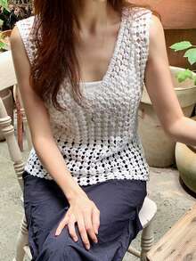 DAZY Crochet Hollow-Out Sweet Versatile Blouse, Bohemian Summer Top, Women Knitted Sleeveless Vest - White - View 6