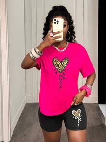 BamGleam 2pcs Women's Leopard Heart & Love Print Drop Shoulder T-Shirt Set - Casual Short Sleeve Tops For Spring & Summer, Perfect For Valentine's Day Gifts - Multicolor - View 4