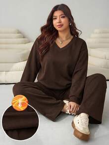 Solflare Conjunto informal de 2 piezas de mujer talla grande con top de manga larga y cuello en V sólido y pantalones de pierna ancha - Marrón Chocolate - Ver 3