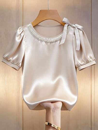 GlowEve Elegant blus med puffärm och enfärgad satinkrage för kvinnor