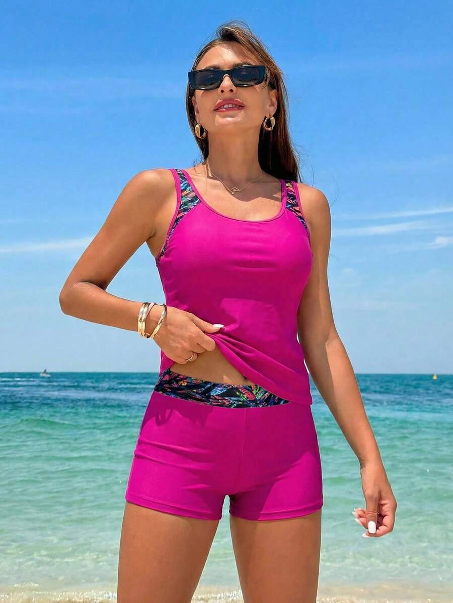 Swim Lushoire Bộ đồ bơi Tankini họa tiết hoa phối hợp dành cho kỳ nghỉ biển, bộ đồ bơi Tankini kèm quần short, bộ đồ bơi 2 mảnh ngắn cho nữ, bộ đồ bơi mùa hè 2 mảnh kèm quần short cho nữ, bộ đồ bơi Tankini kèm quần short, bộ đồ bơi 2 mảnh ngắn cho nữ. - Màu Hồng Tươi - Xem 1