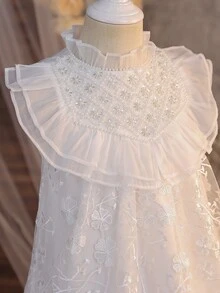 SHEIN 少女纯色网纱刺绣荷叶边下摆休闲连衣裙 - 白色 - 查看 10