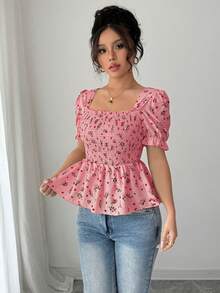 Elenzga Women's Elegant Ditsy Floral Print Slim Fit Blouse - Watermelon Pink - View 5