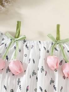 4-8Y 2pcs/Set Girls Summer Matching Floral All-Over Print Jacquard Spaghetti Strap Tulip Flower Ruffle Top & Bow Shorts Set,Family Vacation Holiday - Multicolor - View 7