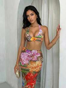 Swim Glamine Women's Summer Vacation Beach Floral Print Halter Bikini Set - Multicolor - View 1