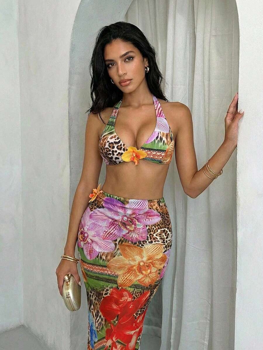 Swim Glamine Women's Summer Vacation Beach Floral Print Halter Bikini Set - Multicolor - View 1