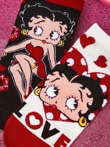 Betty Boop x SHEIN 2 Pairs Soft & Breathable Moisture-Wicking Casual Ankle Socks With Bat Pattern Fashionable Cool Black & White Short Socks Reinforced Toe & Heel For Durabiliy Unisex For Men & Women All Season All-Match Summer Winter,Graphics Socks,Gift Ideas,Party,Holiday,Valentine's Day - Multicolor - View 3