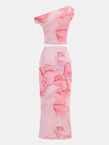 SHEIN 女童不对称肩部印花短袖T恤和中长裙两件套优雅度假套装 - 粉色 - 查看 2