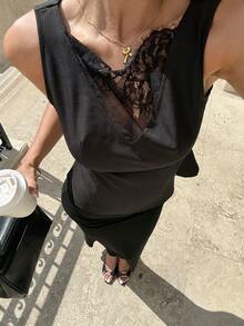 Siren Gaze 女士无袖蕾丝拼接衬衫，春夏款 - 黑色 - 查看 4