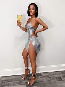 BamGleam 女士纯色金属质感不对称下摆露背性感泳装套装透视连衣裙性感曲线连衣裙夜店连衣裙性感俱乐部连衣裙银色连衣裙女士度假波西米亚风性感纯色格子条纹休闲 - 銀色 - 查看 4