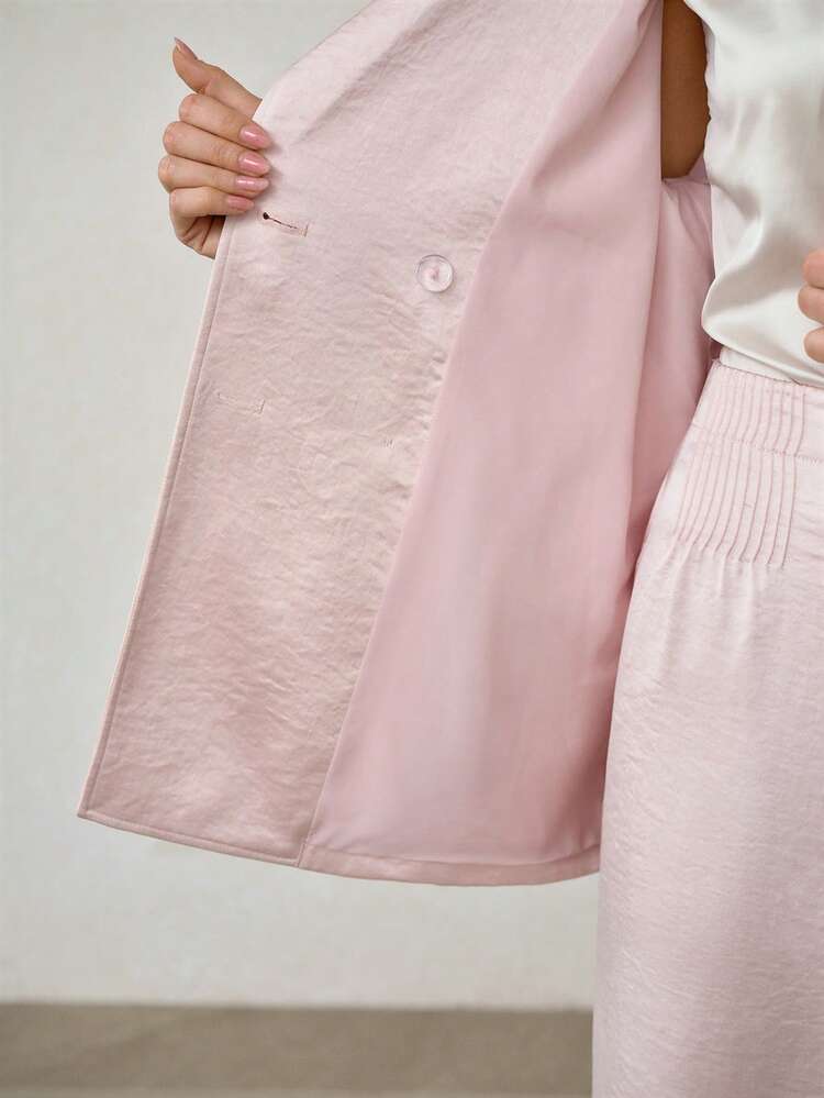 SATIN SOLID LAPEL COLLAR DOUBLE BREASTED PLACKET ROLL TAB SLEEVE BUCKLE BELTED COAT