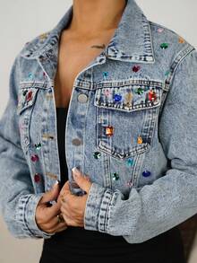 SAYEHFBABY Women's Casual Rhinestone Button Front Denim Jacket, Autumn - Blue - View 3