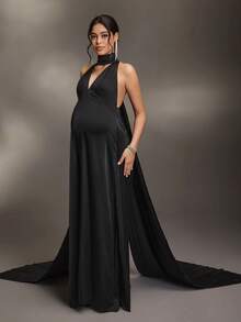 Cheriluna Maternity 纯色长款露背V领孕妇写真连衣裙，带缎带 - 黑色 - 查看 3