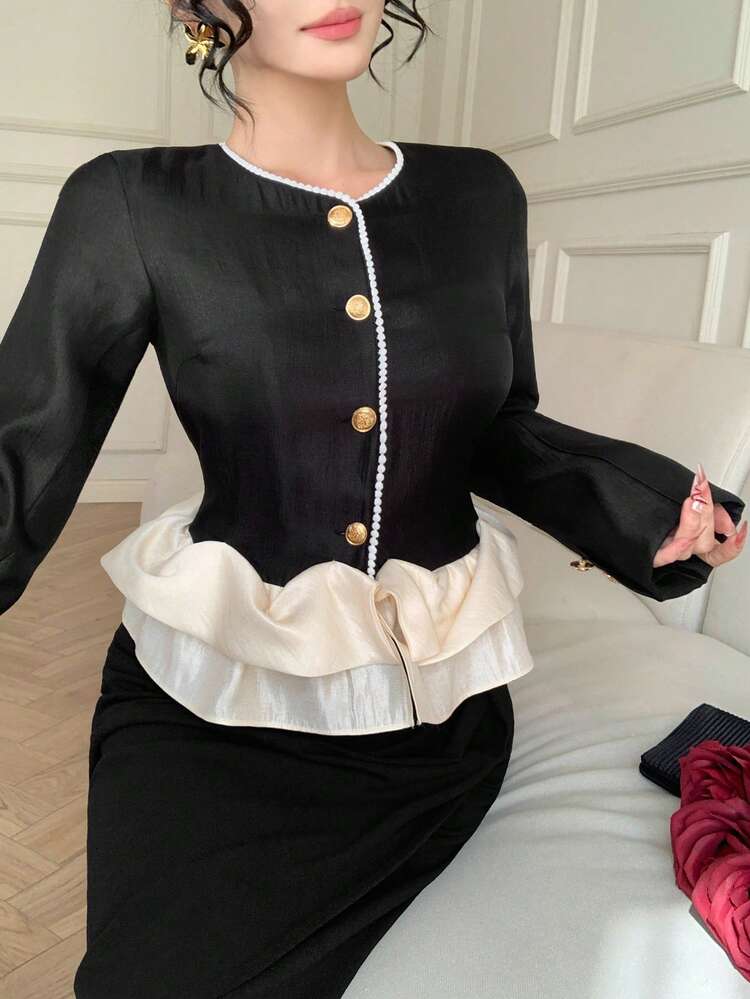 Women's Elegant Long Sleeve Shirt With Peplum Hem And Front Button Closure, Black And White Patchwork