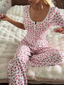 CottageSlumber 2 piezas Conjunto de pijama de manga corta con estampado floral romántico - Blanco - Ver 4