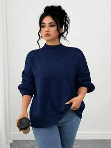 SHEIN Tall CURVE 大码休闲落肩圆领长袖毛衣 - 寶藍色 - 查看 5