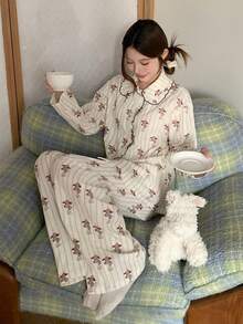 DAZY Happy Dog Striped Print Frill Trim Loose Women Pajama Set - White - View 11
