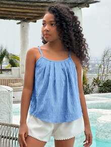 SHEIN Tween Girls' Casual Solid Color Pleated Camisole - Baby Blue - View 4