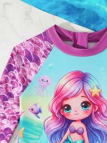 少女连体长袖泳衣，拉链设计，流行拼接印花沙滩度假泳装 - 彩色 - 查看 3