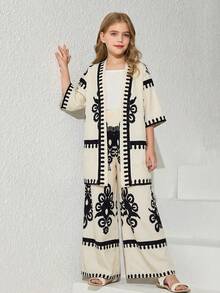 SHEIN Tween Girl Vacation Casual Printed Short Sleeve Cardigan And Straight Leg Pants Set - Apricot - View 5