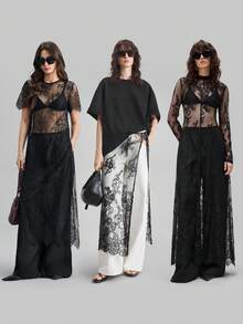 Ontre 2026SS New Arrival, Suitable For 5-15°C, Layering, Modern Urban Style, Black Lace Fabric, Waist-Cinching Fitted Silhouette, Women's Long Dress, Elegant Versatile Daily Wear, New Apparel Party Dress, Women's Spring/Summer Dress - Black - View 2