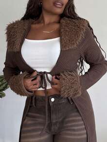 Tyla Gomez Women's Fall/Winter Y2K Fashion Casual Vintage Rib Knit Brown Flannelette Textured Lace Up Brown Long Cardigans - Brown - View 6