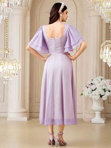 Modelyn Đầm midi tay bồng màu trơn thanh lịch dành cho nữ, thích hợp cho các buổi tiệc và họp mặt. - Màu tím - Xem 3
