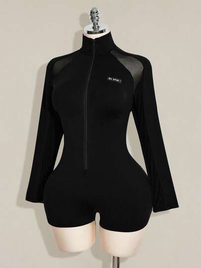 SHEIN ICON Women's Plus Size Retro Casual Sporty Sexy Millennial Style Y2K Basic Simple Mesh Patchwork Semi-Sheer Stand Collar Zipper Black Slim Fit Long Sleeve Jumpsuit