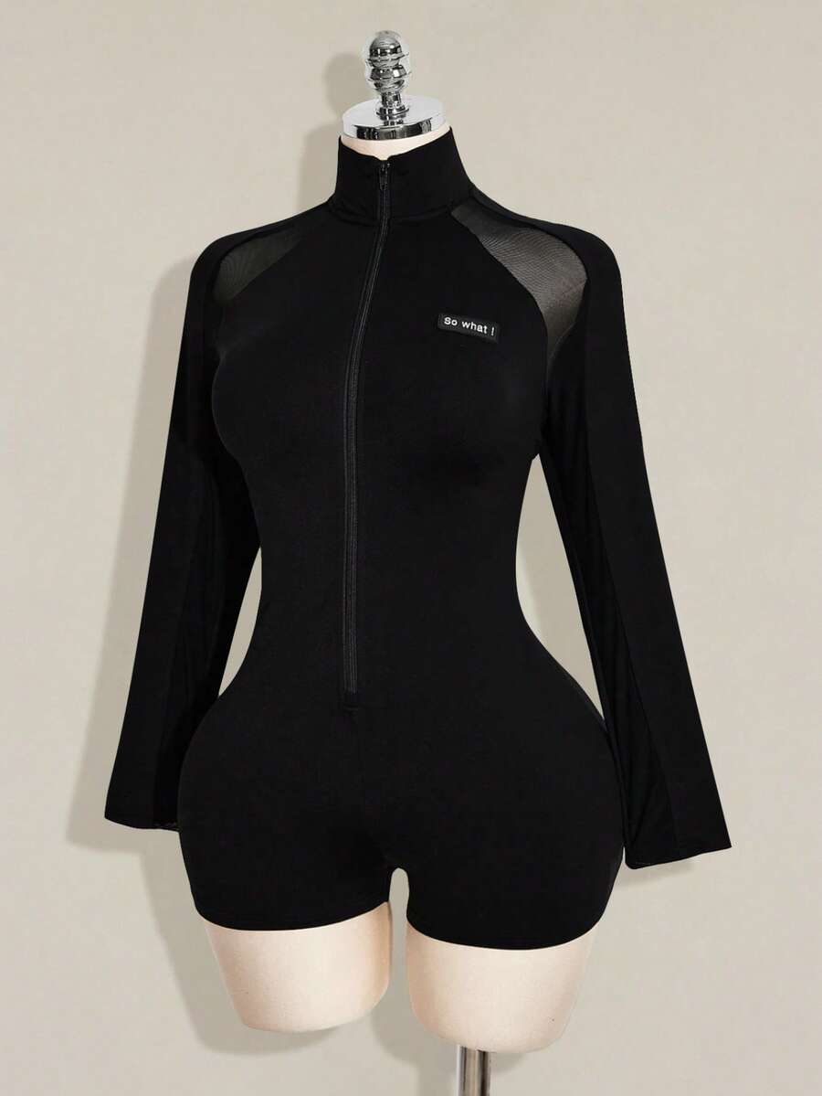 SHEIN ICON 大码女式网纱拼接紧身连体裤 - 黑色 - 查看 1