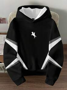 Manfinity Joysei 极简撞色图案宽松套头连帽衫，休闲百搭，适合约会、派对、情侣装、家庭亲子装，也是送给男友的绝佳礼物。 - 黑色 - 查看 1