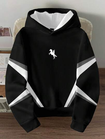 Manfinity Joysei 极简撞色图案宽松套头连帽衫，休闲百搭，适合约会、派对、情侣装、家庭亲子装，也是送给男友的绝佳礼物。