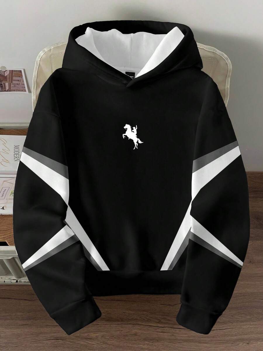 Manfinity Joysei 极简撞色图案宽松套头连帽衫，休闲百搭，适合约会、派对、情侣装、家庭亲子装，也是送给男友的绝佳礼物。 - 黑色 - 查看 1